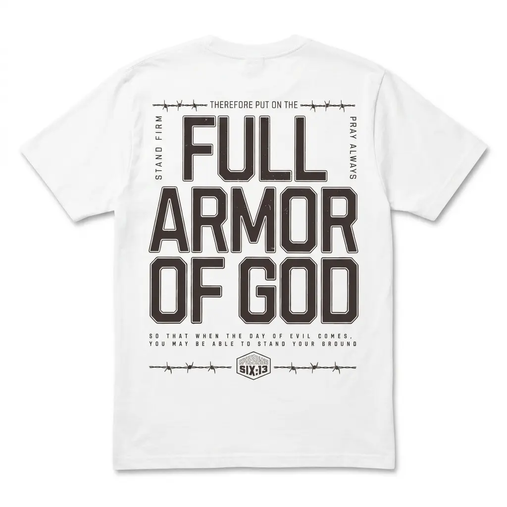 Full Armor of God Christian Graphic T-Shirt 1 Back view of Full Armor of God T-Shirt with bold text design.
