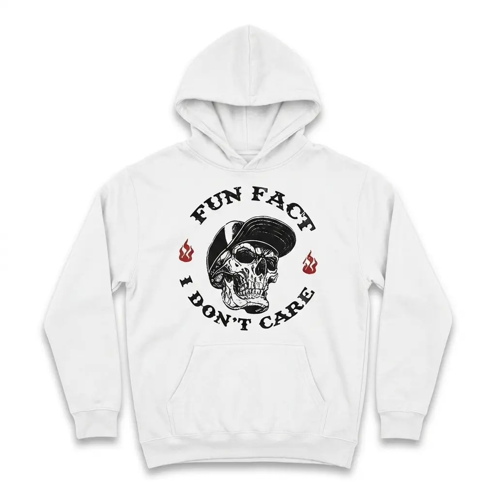 Fun Fact I Don't Care Sarcastic Skull T-Shirt 2 Front view of a humorous graphic t-shirt displaying a skull and flames.