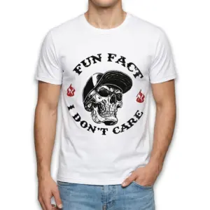 Fun Fact I Don't Care Sarcastic Skull T-Shirt 8 Close-up of the sarcastic skull design on a white humor t-shirt.