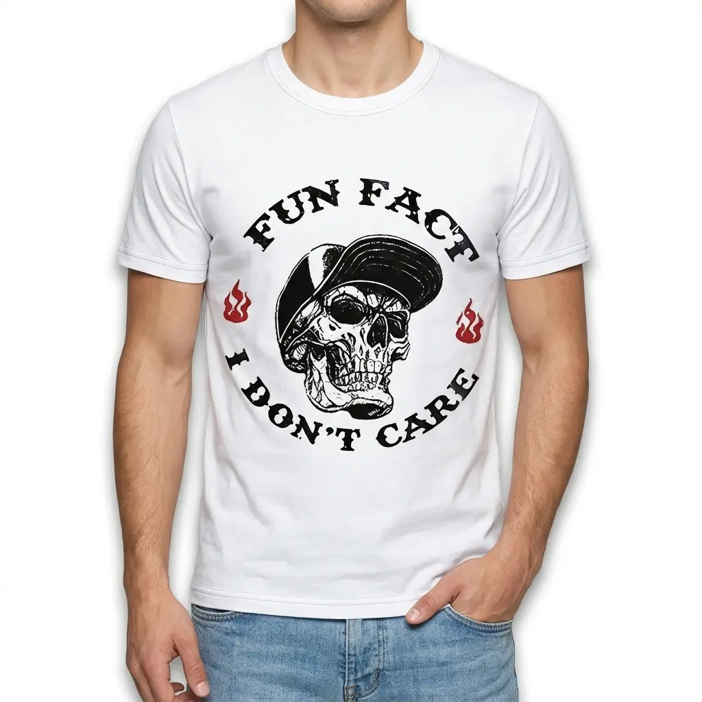 Fun Fact I Don't Care Sarcastic Skull T-Shirt 3 Close-up of the sarcastic skull design on a white humor t-shirt.