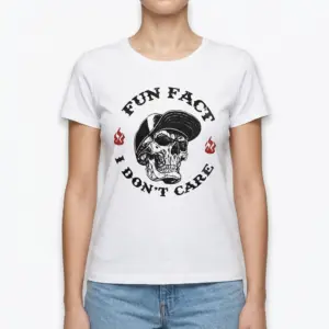Fun Fact I Don't Care Sarcastic Skull T-Shirt 9 Mockup of a t-shirt showcasing a skull with text emphasizing a sarcastic message.