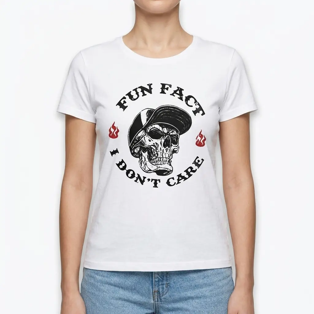 Fun Fact I Don't Care Sarcastic Skull T-Shirt 4 Mockup of a t-shirt showcasing a skull with text emphasizing a sarcastic message.