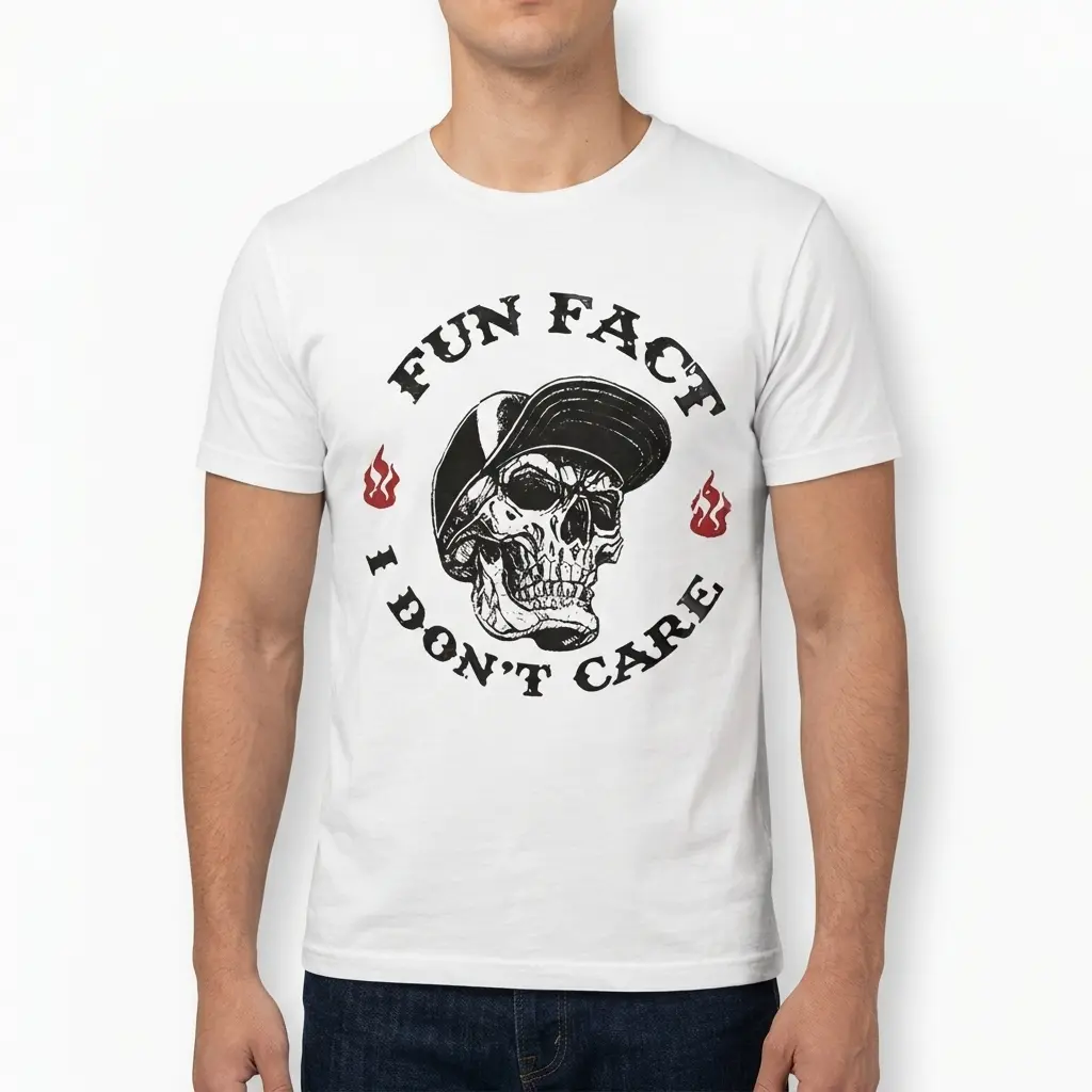 Fun Fact I Don't Care Sarcastic Skull T-Shirt 5 T-shirt design with a skull wearing a cap, captioned with 'Fun Fact I Don't Care'.