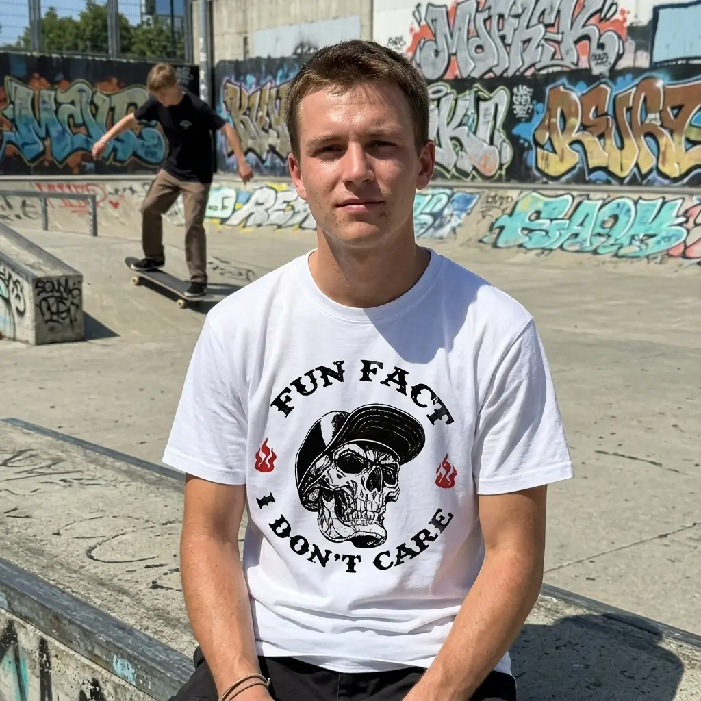 Fun Fact I Don't Care Sarcastic Skull T-Shirt 6 Model wearing the sarcastic skull t-shirt outdoors, demonstrating casual style.