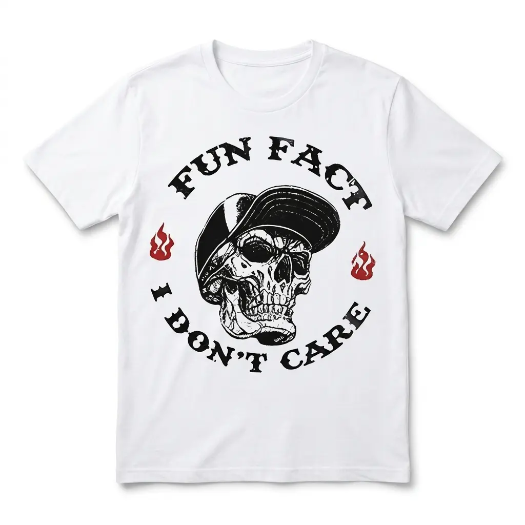 Fun Fact I Don't Care Sarcastic Skull T-Shirt 1 White t-shirt featuring a skull with a cap and the text 'Fun Fact I Don't Care' in bold.