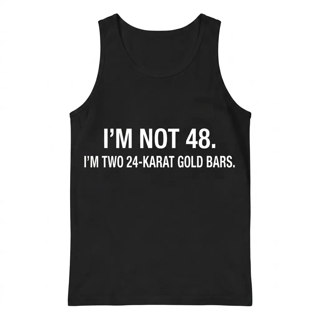 Front flat lay of a sleeveless tank top printed with the humorous 48th birthday quote.
