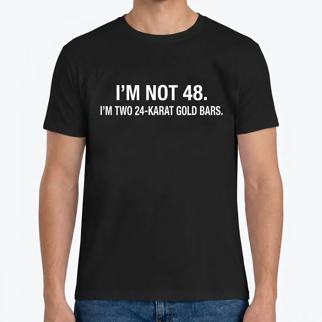 Front view of a man wearing the funny 48th birthday shirt with white text on black fabric.