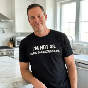 Funny 48th Birthday Gold Bars T-Shirt 10 Lifestyle view of a person wearing the 48th birthday gold bars novelty graphic shirt.