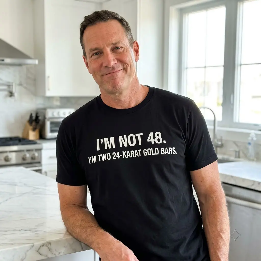 Lifestyle view of a person wearing the 48th birthday gold bars novelty graphic shirt.