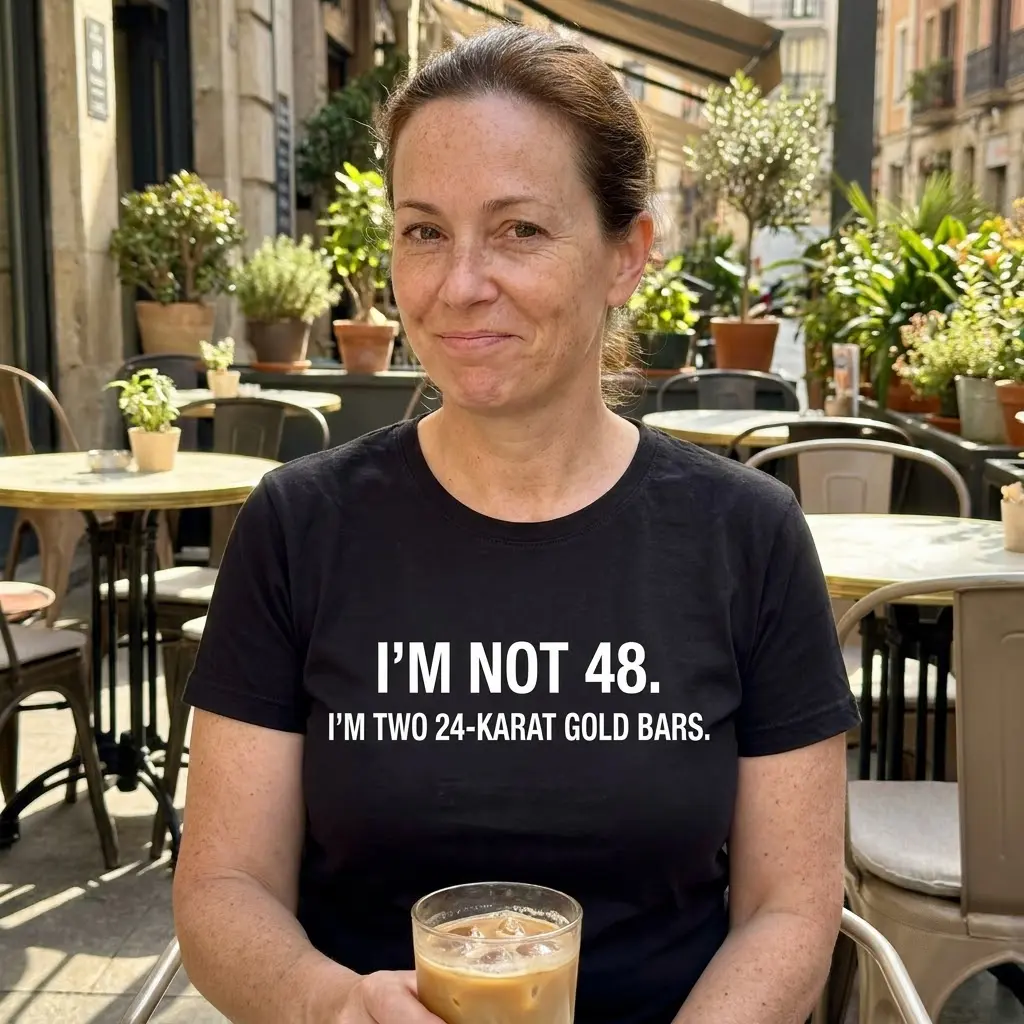 Casual lifestyle setting showcasing the humorous 48th birthday graphic apparel in everyday wear.