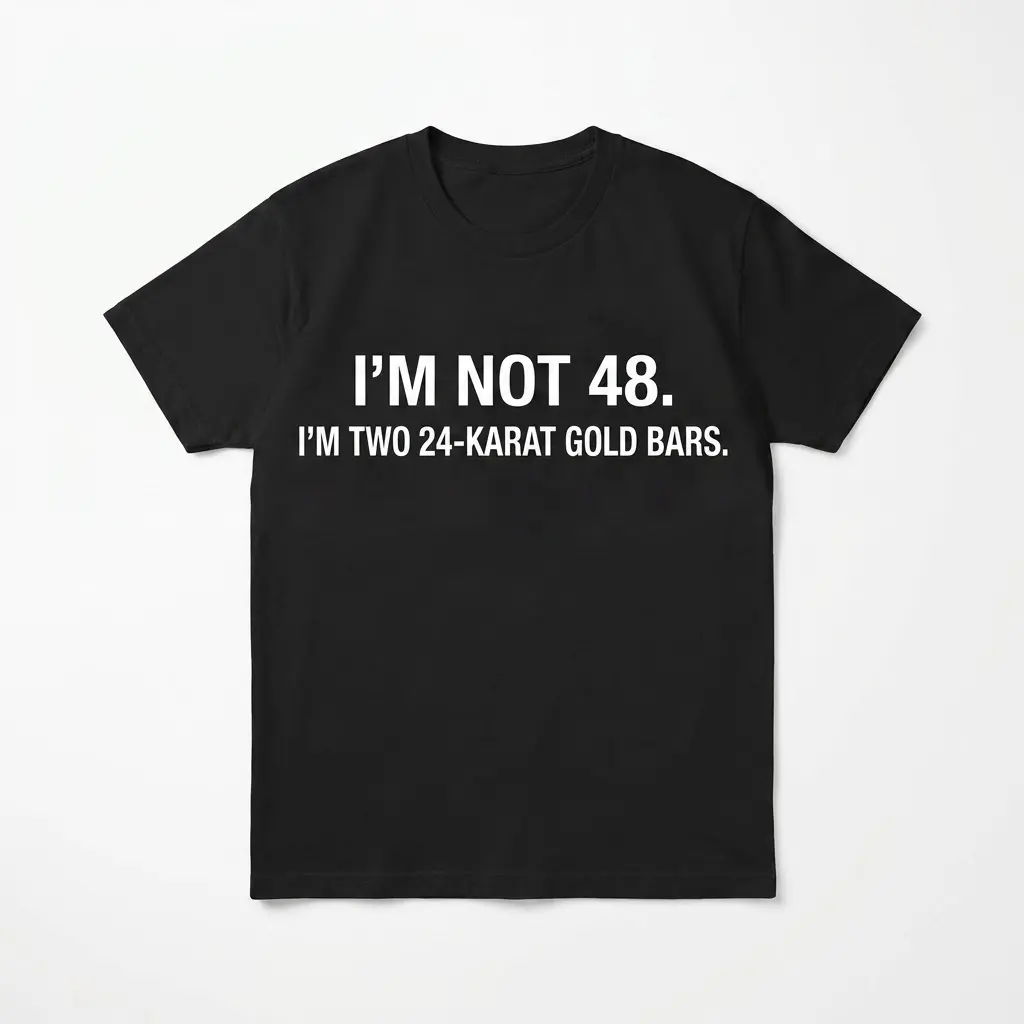 Flat lay of a black t-shirt printed with text reading I'M NOT 48. I'M TWO 24-KARAT GOLD BARS.