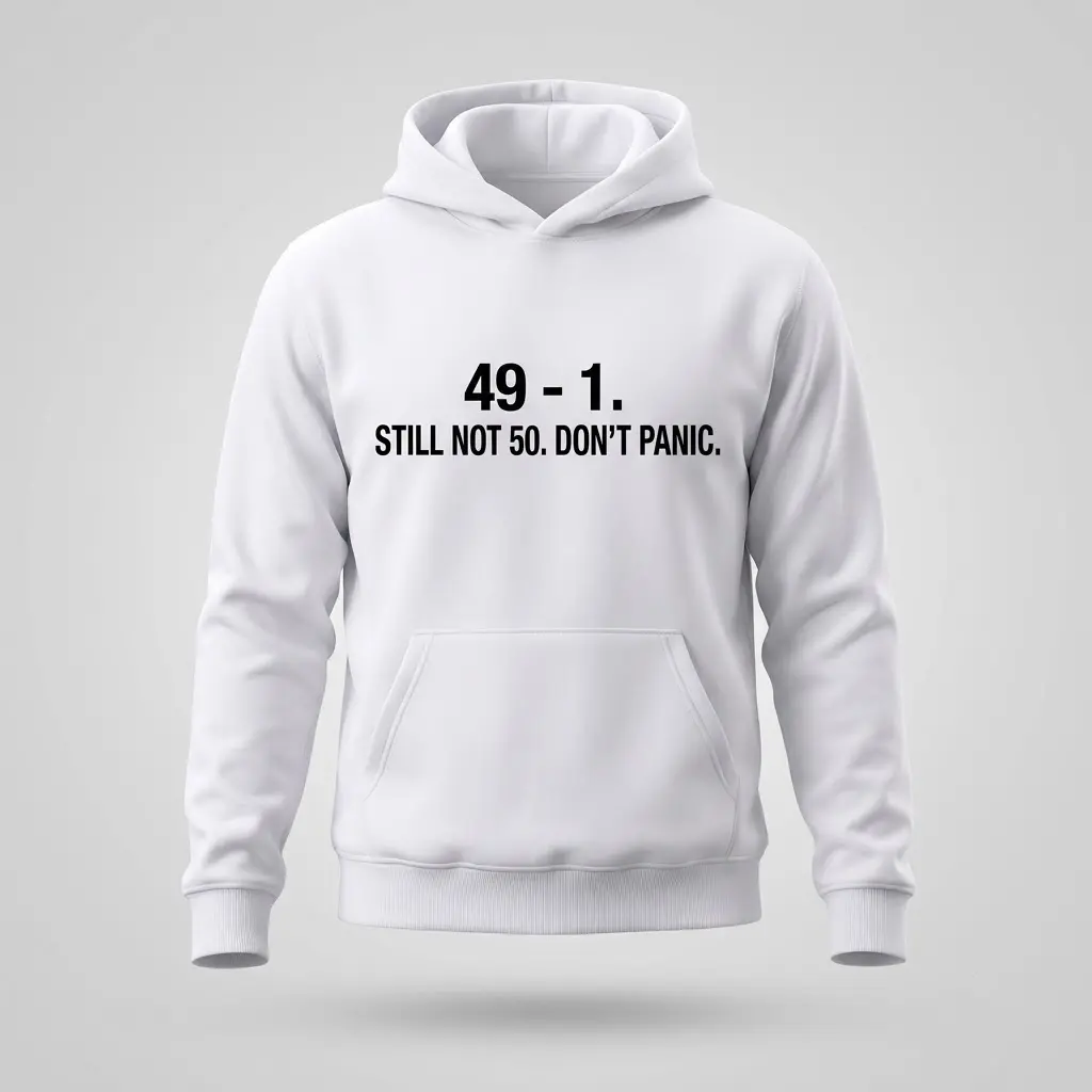 White flat-lay hoodie featuring a funny 48th birthday math design reading 49 minus 1 equals 48, celebrating still not being 50