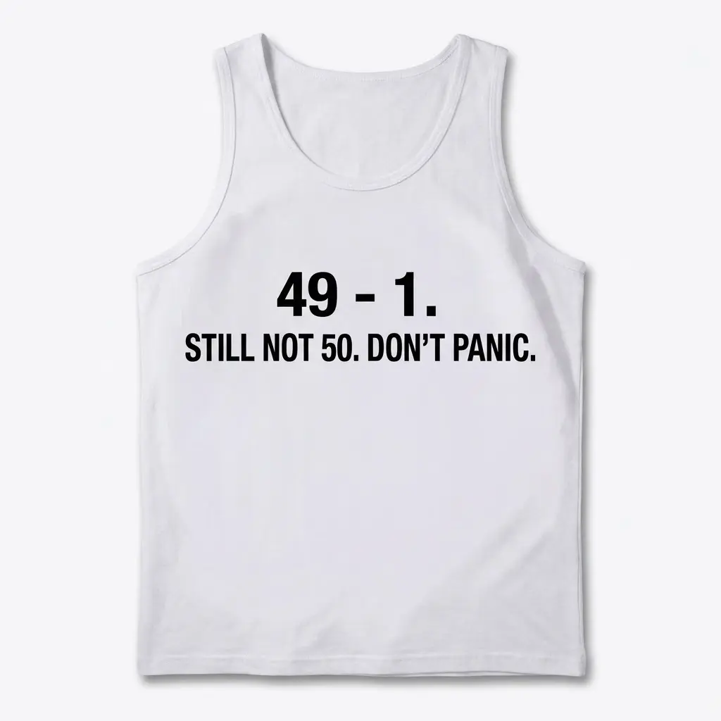 White flat-lay tank top printed with a humorous birthday equation, 49 minus 1 equals 48, designed for a 48th birthday celebration