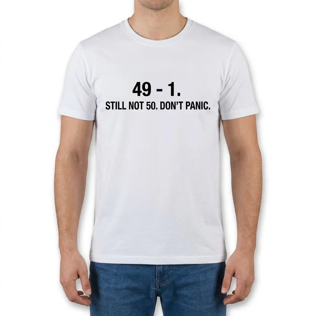 Man wearing a white t-shirt with a funny 48th birthday graphic calculating 49 minus 1 equals 48, front view