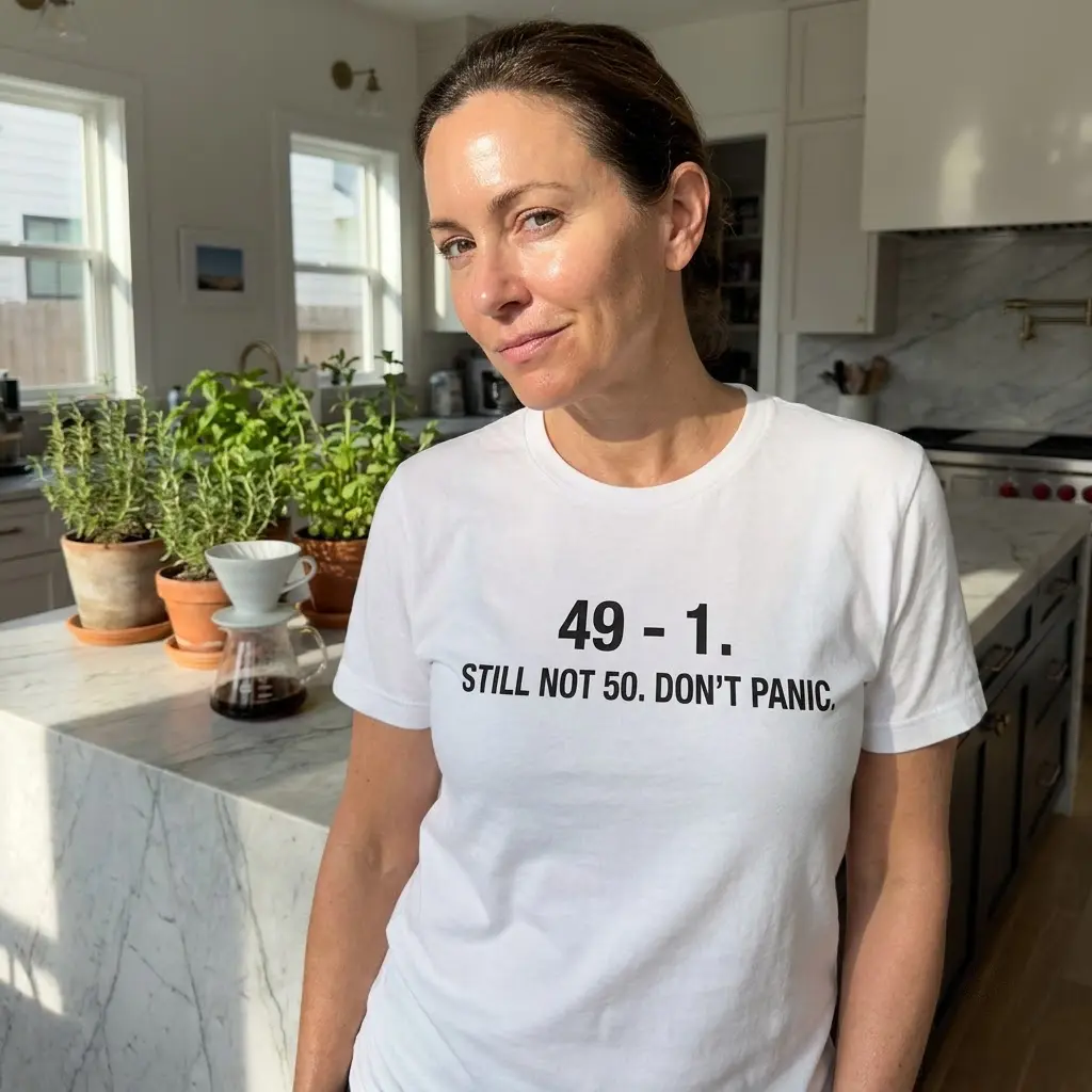 Lifestyle shot showcasing the funny 48th birthday still not 50 shirt in a casual setting