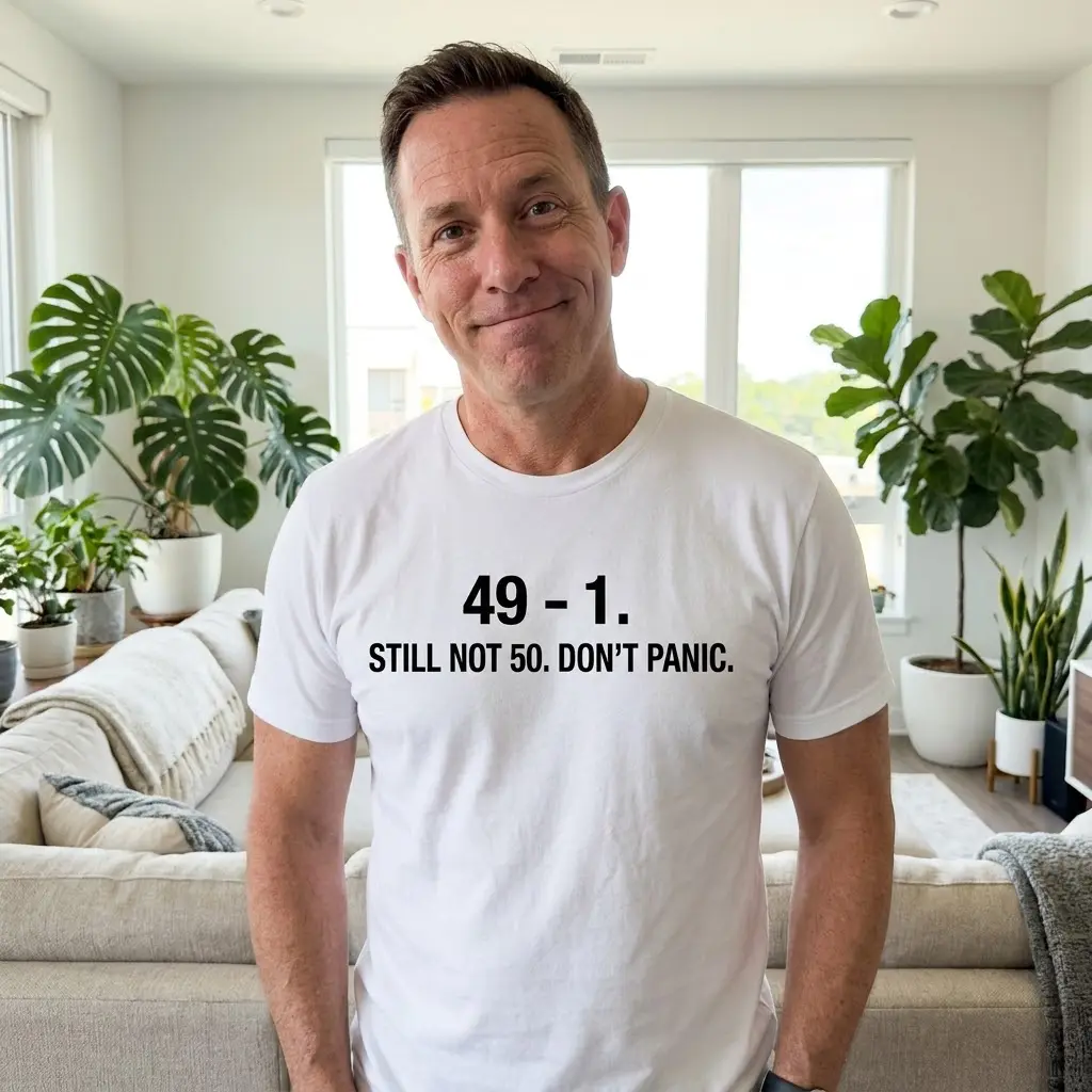 Casual lifestyle image featuring the 48th birthday humor tee with the 49 minus 1 equals 48 design