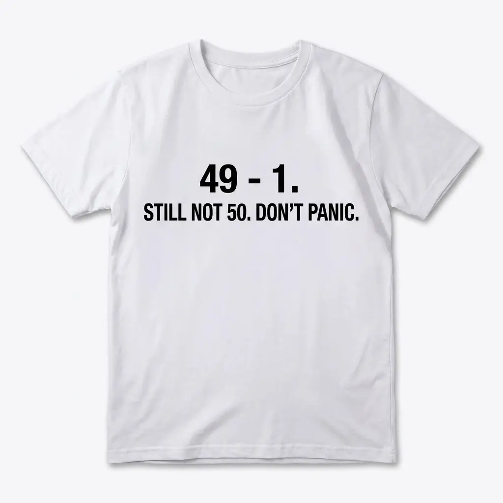 White flat-lay t-shirt with humorous 48th birthday graphic showing the equation 49 minus 1 equals 48, styled as a reassuring age joke
