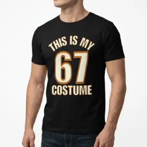 Funny 67th Birthday Costume Shirt 10 Side angle highlighting shirt sleeve and design.