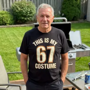 Funny 67th Birthday Costume Shirt 11 Person wearing the '67 costume' shirt in a casual setting.