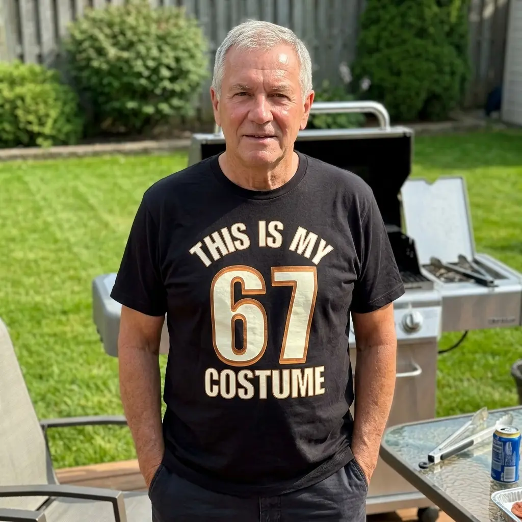 Funny 67th Birthday Costume Shirt 6 Person wearing the '67 costume' shirt in a casual setting.