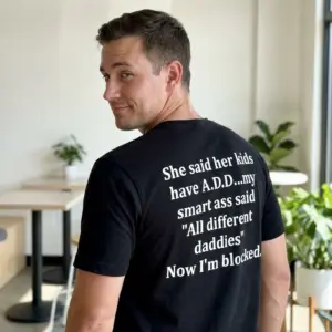 Funny A.D.D. Sarcastic Joke T-Shirt 10 Casual lifestyle shot showing the back of the black sarcastic joke t-shirt with white printed text.