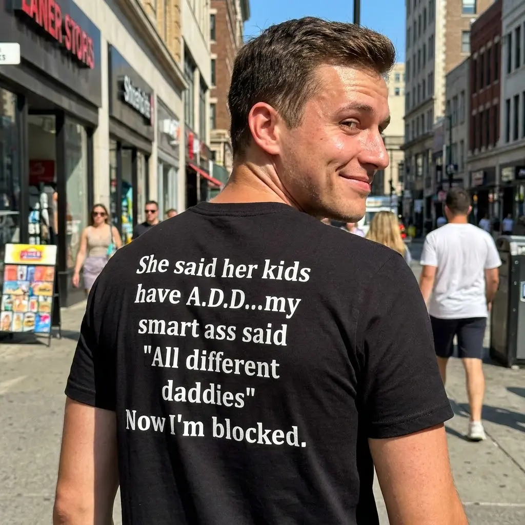 Close-up lifestyle view of the sarcastic text graphic printed on the back of the black t-shirt.