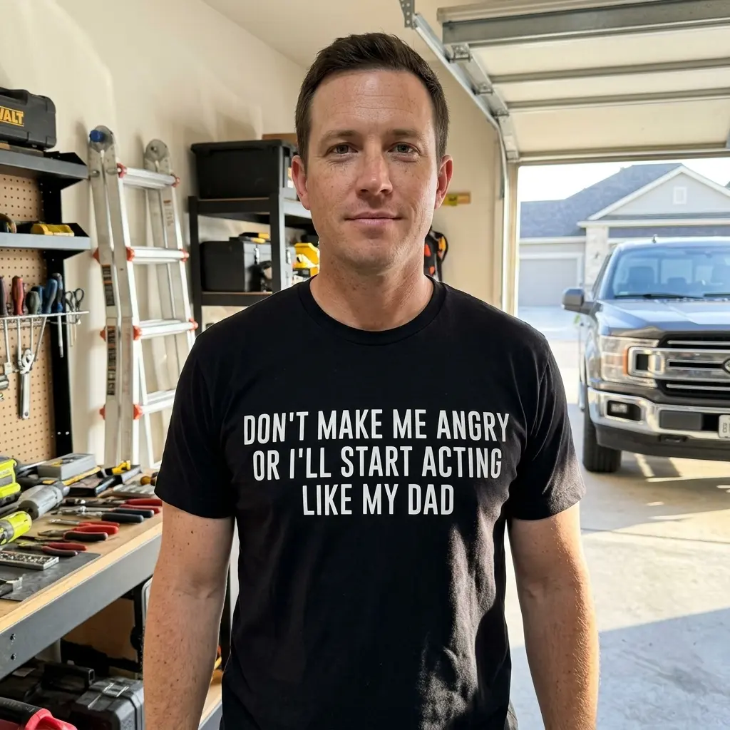 Funny Acting Like My Dad Graphic T-Shirt 6 Person wearing a graphic T-shirt with humorous text about acting like their father.