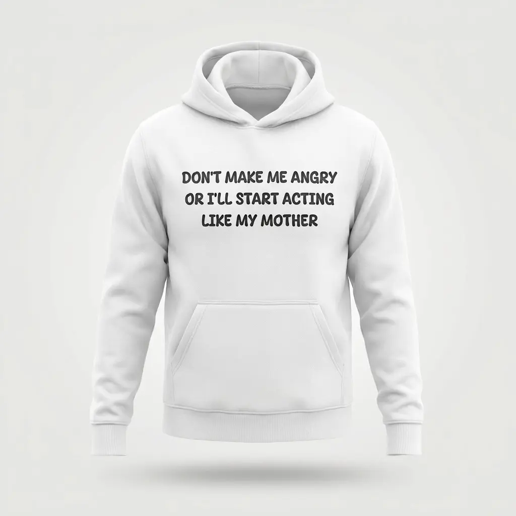 Funny Acting Like My Mother Graphic T-Shirt 2 Front flat lay of a hoodie printed with the humorous quote Don't Make Me Angry Or I'll Start Acting Like My Mother.