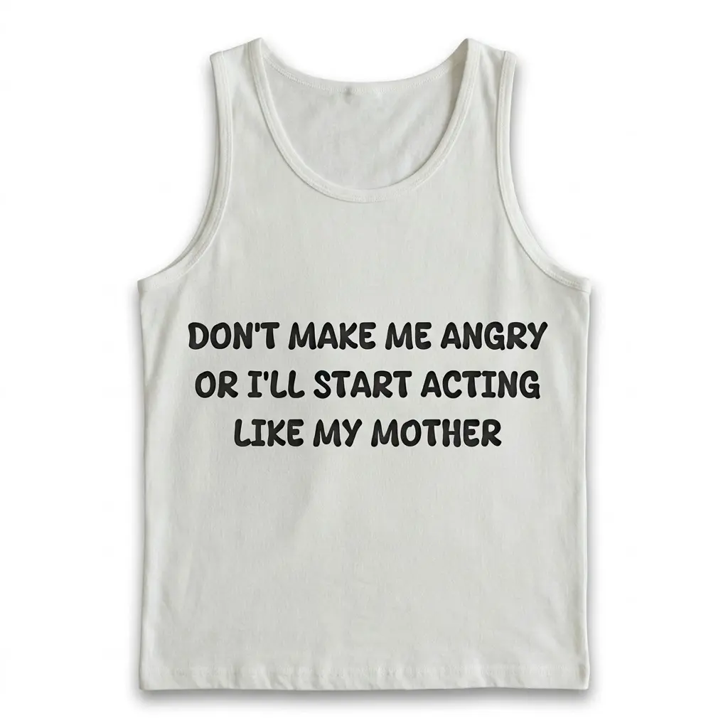 Funny Acting Like My Mother Graphic T-Shirt 3 Flat lay of a tank top featuring the text Don't Make Me Angry Or I'll Start Acting Like My Mother.