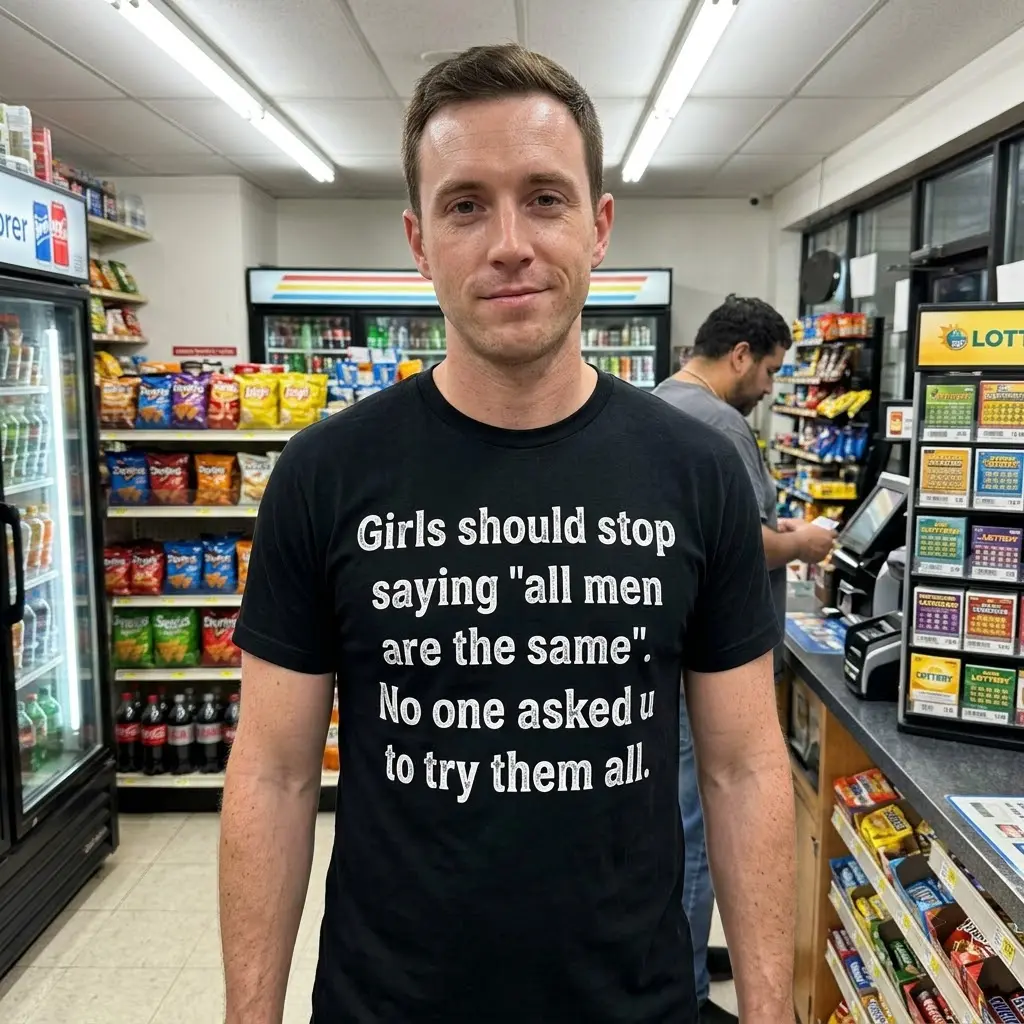 Funny 'All Men Are The Same' Sarcastic Quote T-Shirt 5 Black t-shirt featuring the humorous quote 'Girls should stop saying 'all men are the same'. No one asked u to try them all.', in a lifestyle context.