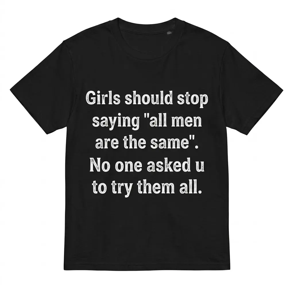 Funny 'All Men Are The Same' Sarcastic Quote T-Shirt 1 Black t-shirt with the sarcastic quote 'Girls should stop saying 'all men are the same'. No one asked u to try them all.' in white, front flatlay.