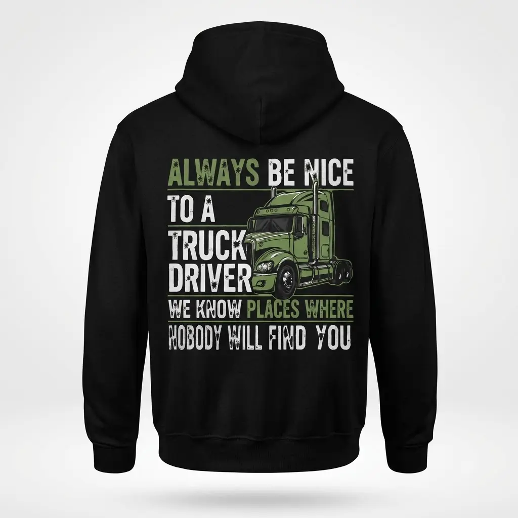 Back view flat lay of a hoodie featuring the funny truck driver graphic and warning text.