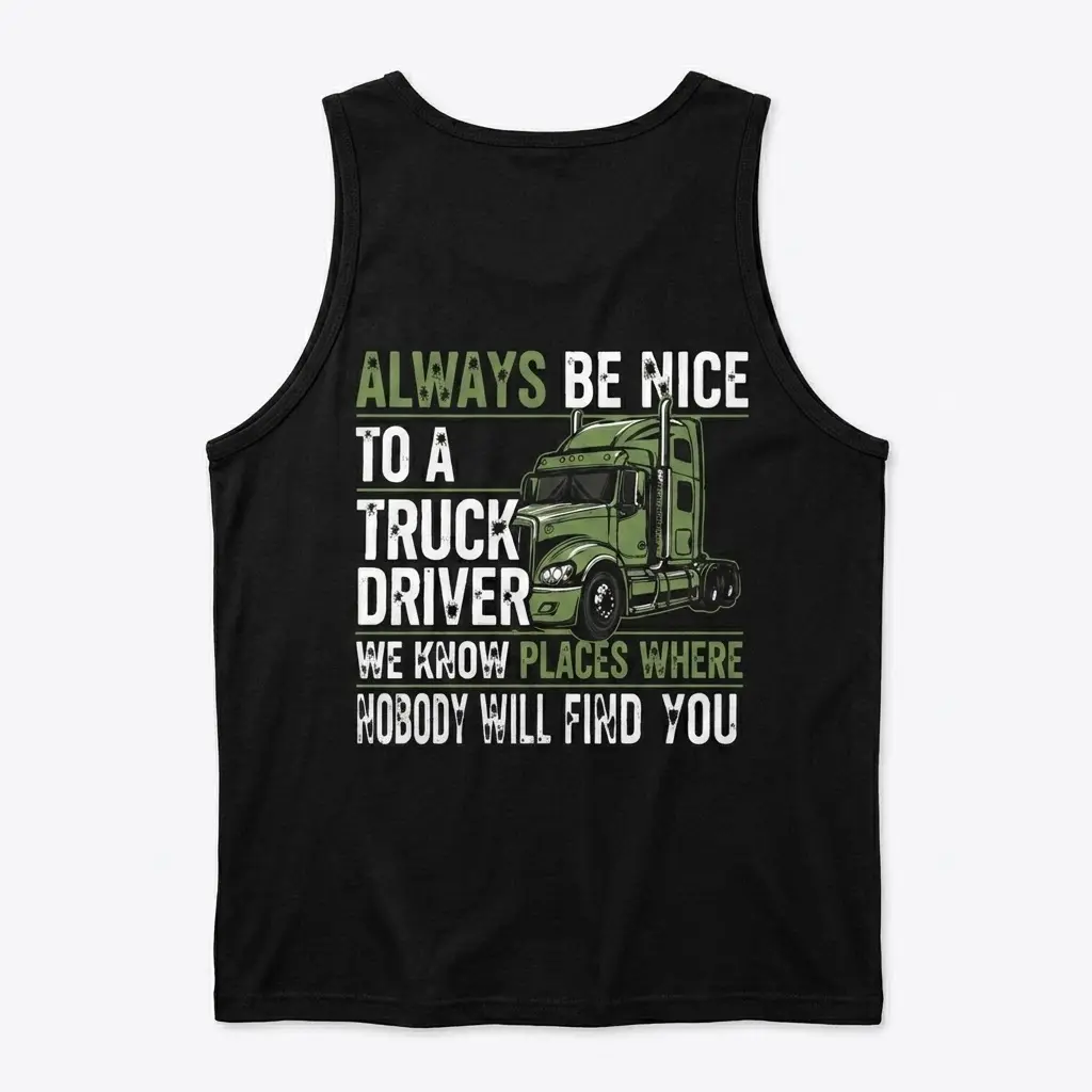 Back flat lay of a tank top printed with the green semi-truck and trucker humor design.