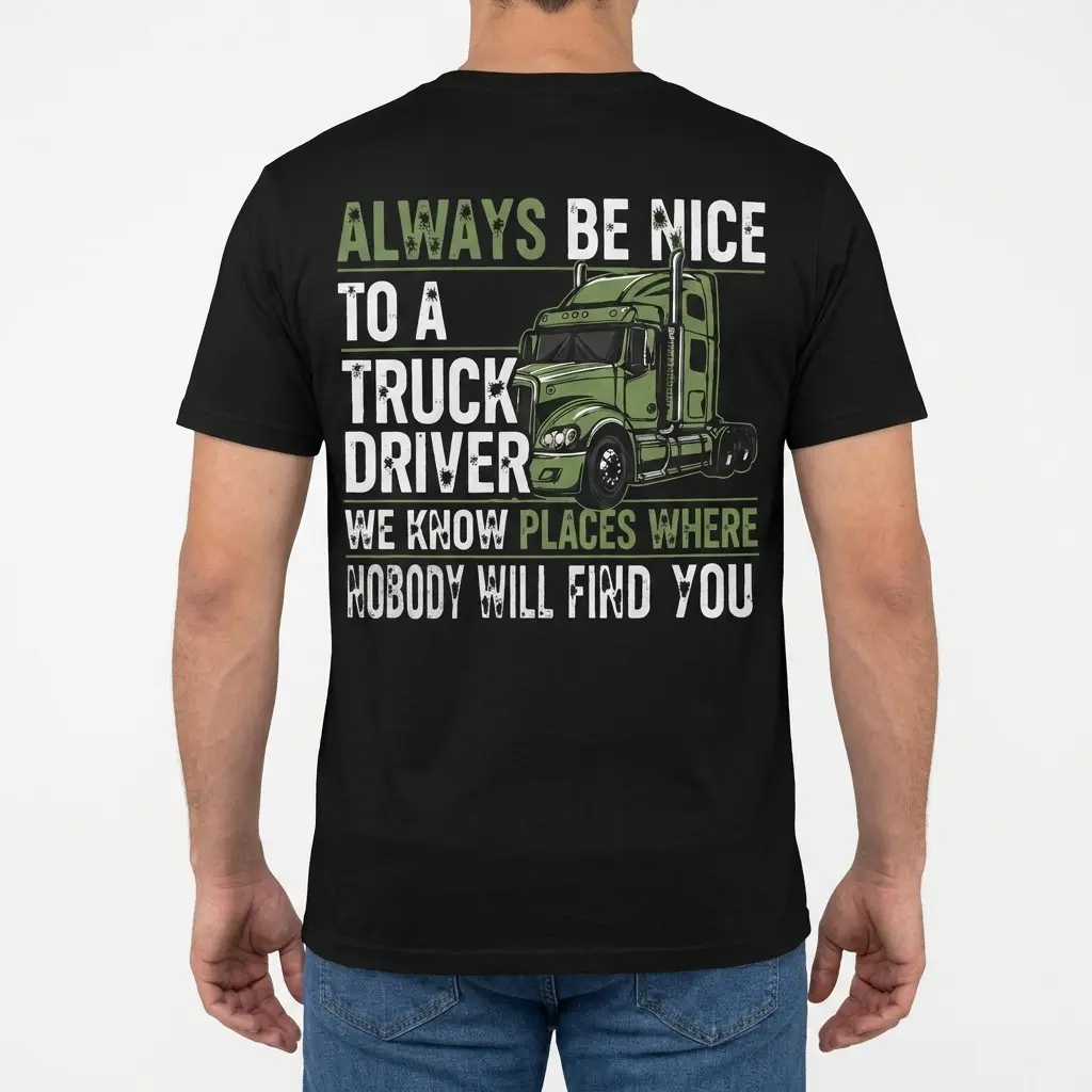 Rear view of a man wearing the black funny truck driver t-shirt with the graphic back print.