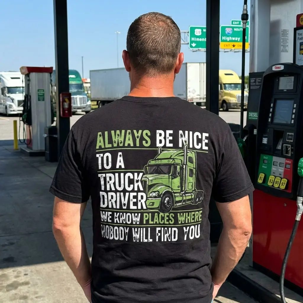 Lifestyle view of the trucker graphic shirt showcasing the detailed back print.