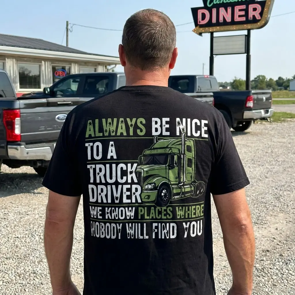 Casual lifestyle scene highlighting the humorous Always Be Nice to a Truck Driver design.
