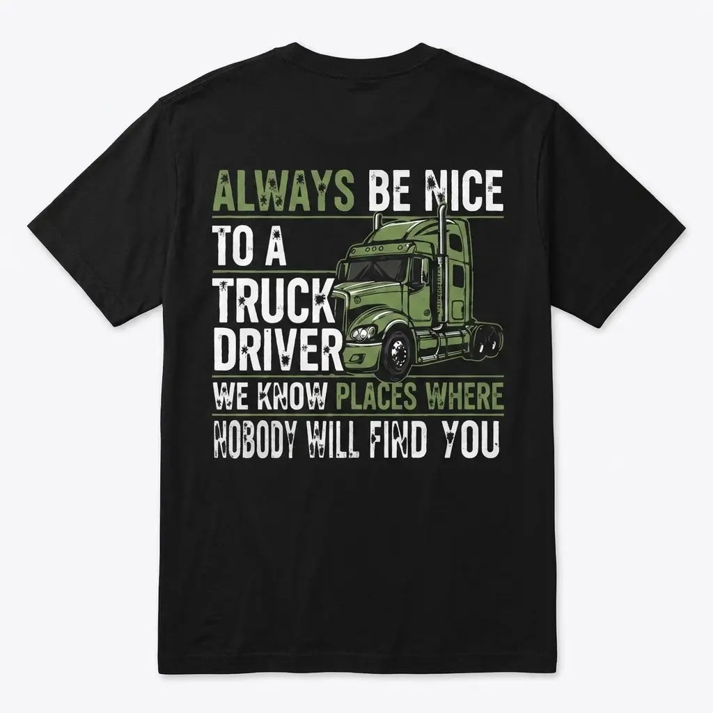Back of black t-shirt with Always Be Nice to a Truck Driver quote and green semi-truck graphic.