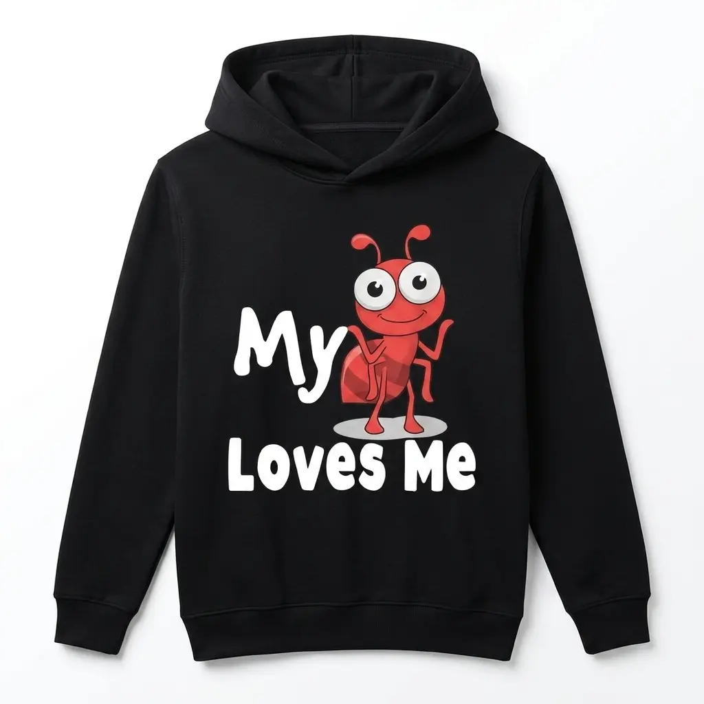 Funny Ant Pun 'My Aunt Loves Me' Graphic T-Shirt 2 Front view of a humorous black T-shirt featuring a red ant and 'My Aunt Loves Me' text.