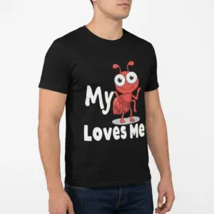 Funny Ant Pun 'My Aunt Loves Me' Graphic T-Shirt 10 Close-up of black T-shirt with 'My Aunt Loves Me' and a cartoon ant design.
