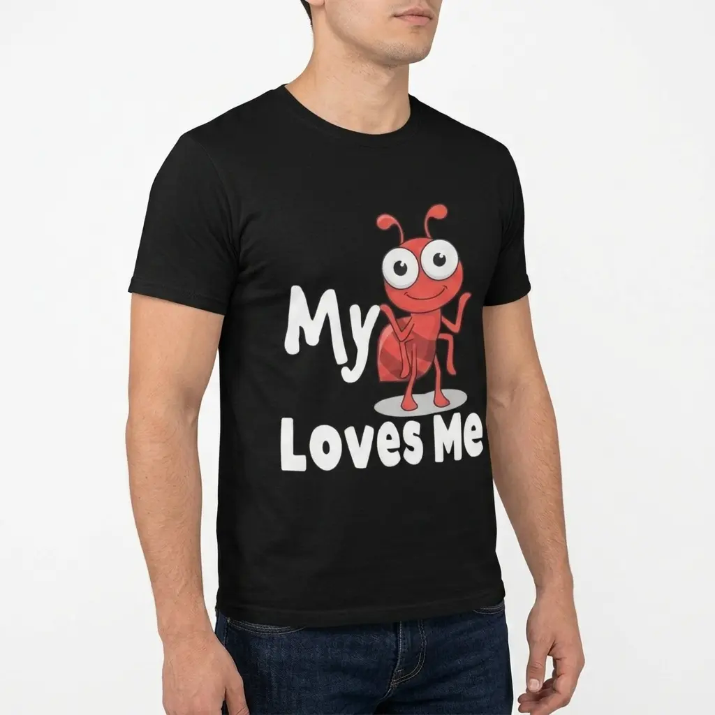 Funny Ant Pun 'My Aunt Loves Me' Graphic T-Shirt 5 Close-up of black T-shirt with 'My Aunt Loves Me' and a cartoon ant design.