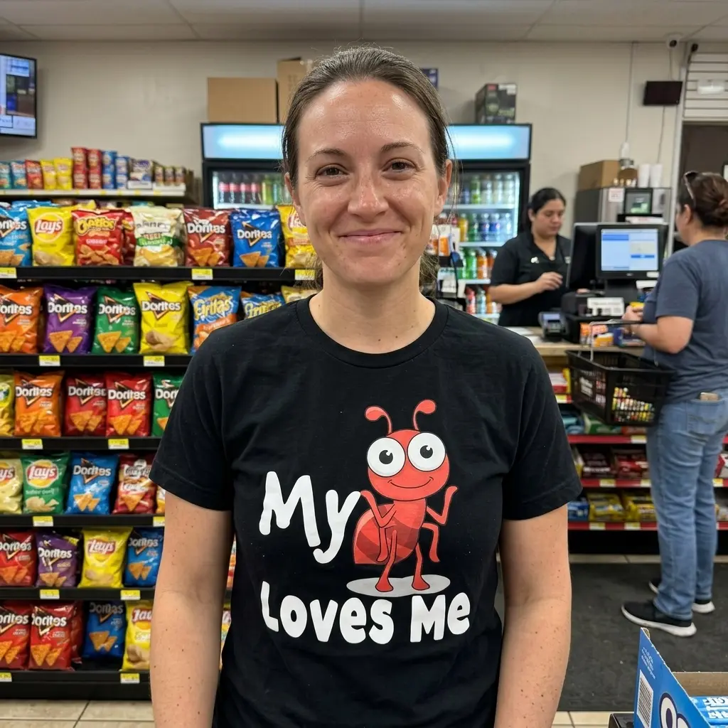 Funny Ant Pun 'My Aunt Loves Me' Graphic T-Shirt 6 Lifestyle setting showing the 'My Aunt Loves Me' shirt with ant graphic worn outdoors.