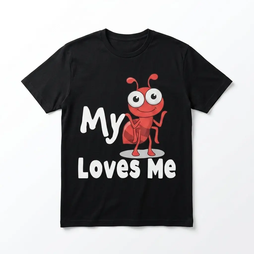 Funny Ant Pun 'My Aunt Loves Me' Graphic T-Shirt 1 Black T-shirt with a red smiling ant and the text 'My Aunt Loves Me'.