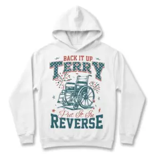 Funny Back It Up Terry Wheelchair Meme T-Shirt 7 Close-up view of the 'Back It Up Terry' t-shirt showcasing the detailed design with stars and a wheelchair.