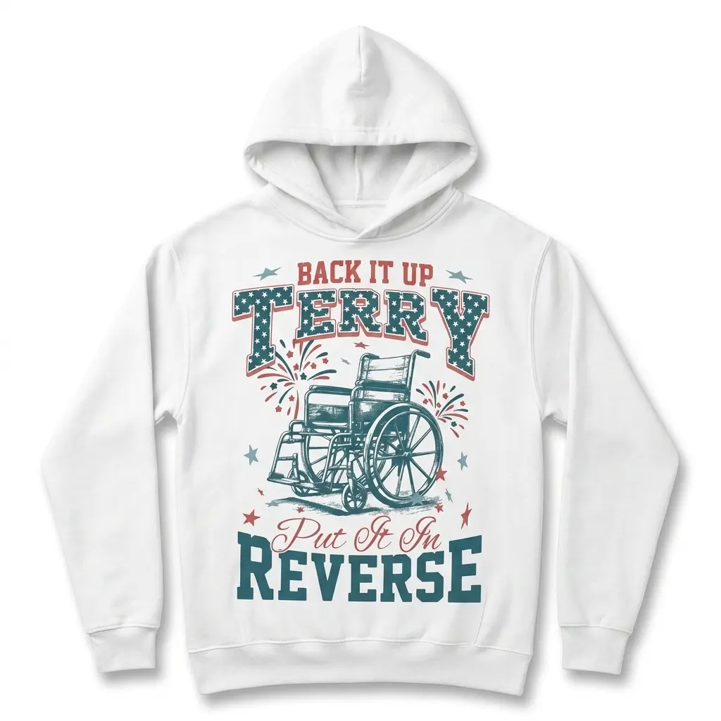 Close-up view of the 'Back It Up Terry' t-shirt showcasing the detailed design with stars and a wheelchair.