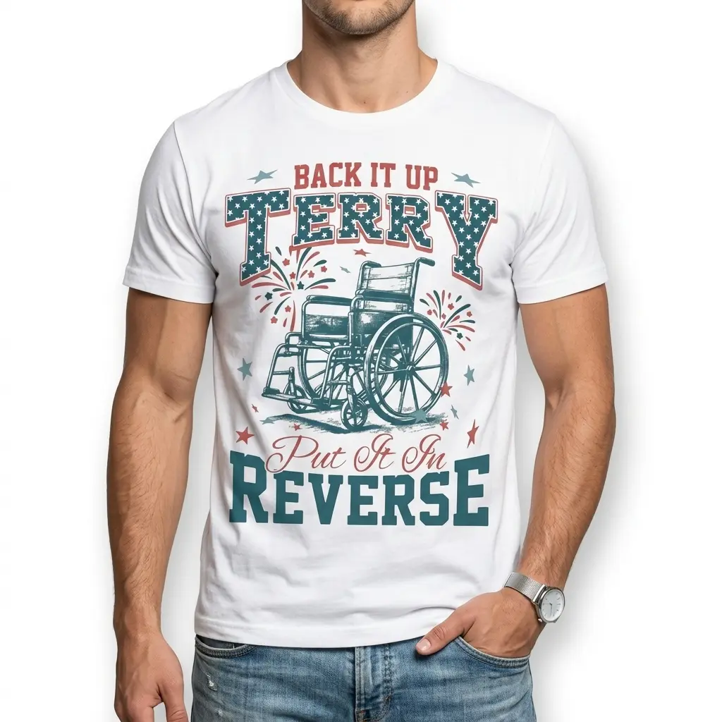 Front view of a humorous t-shirt that reads 'Put It In Reverse' alongside a wheelchair illustration.