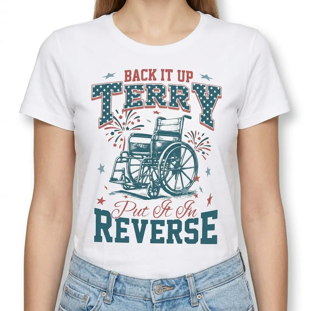 Flat lay of a white 'Back It Up Terry' t-shirt displaying bold text and celebratory graphics.