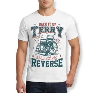 Funny Back It Up Terry Wheelchair Meme T-Shirt 10 Detailed mockup of a white t-shirt with a wheelchair design, featuring the phrases 'Back It Up' and 'Put It In Reverse'.