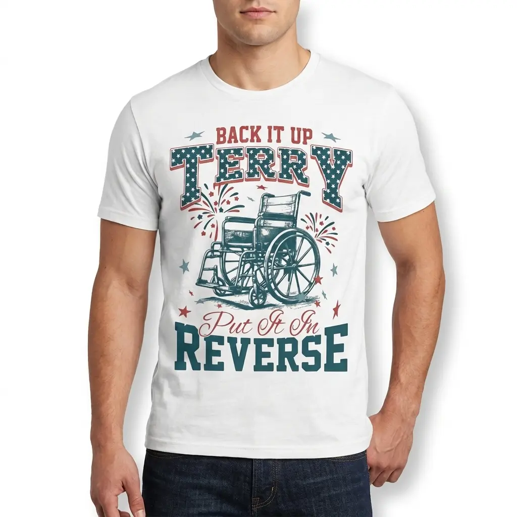 Detailed mockup of a white t-shirt with a wheelchair design, featuring the phrases 'Back It Up' and 'Put It In Reverse'.
