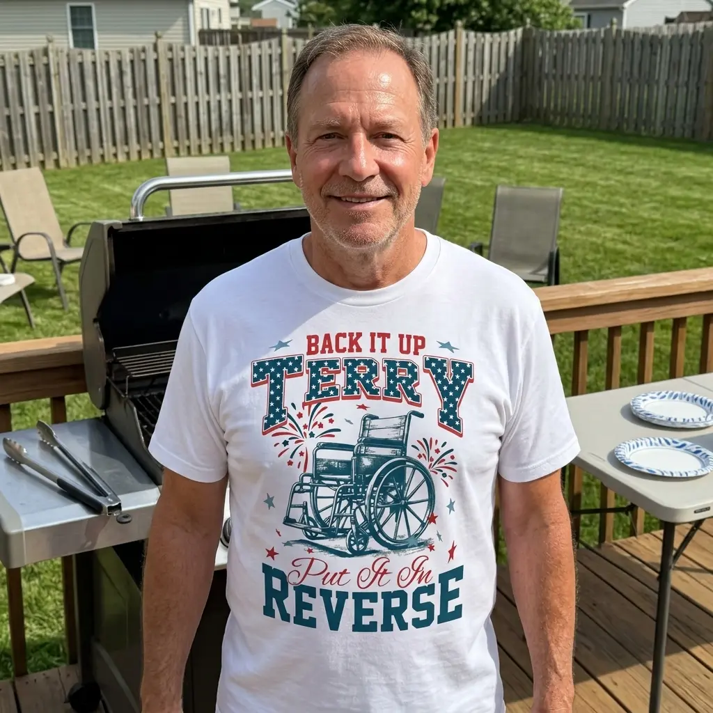 Person wearing a 'Back It Up Terry' t-shirt in a casual setting, highlighting its fun and humorous design.