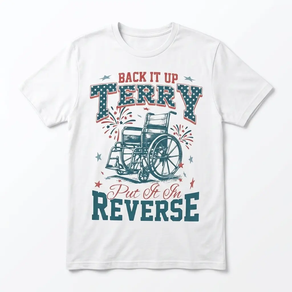 White t-shirt featuring the phrase 'Back It Up Terry' with a wheelchair graphic and colorful fireworks.